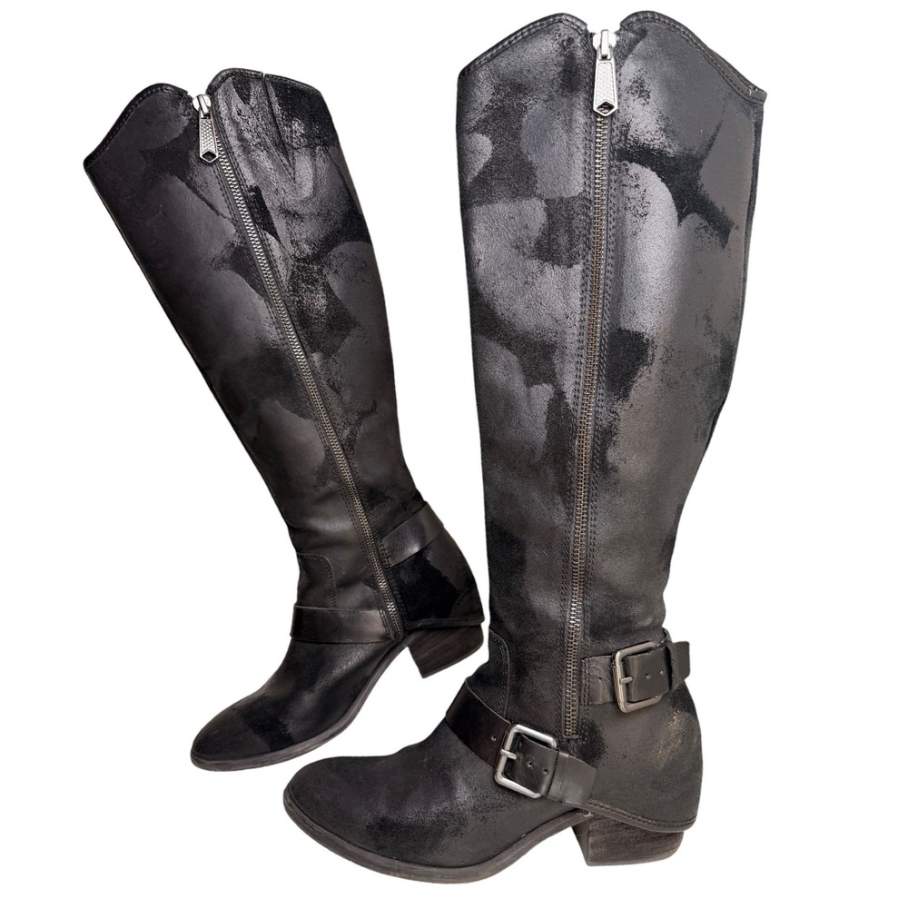 Donald J Pliner Dela Black Distressed Leather Buckle Knee High Boots Womens 6.5M